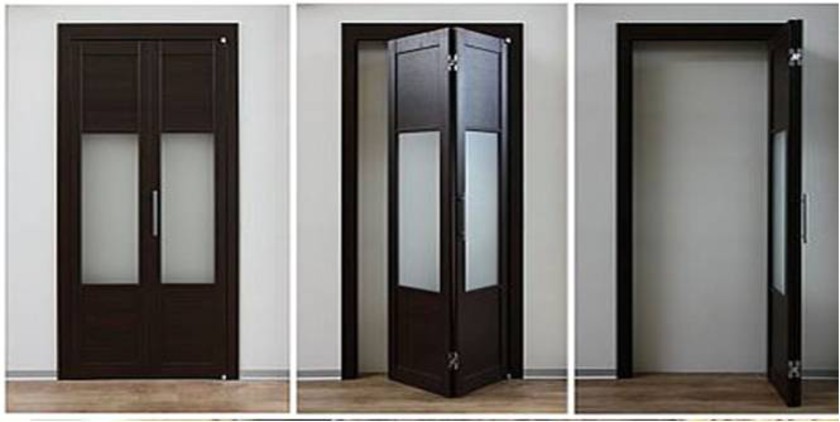 Шпонированные двери гармошка с матовыми стеклянными вставками Бердск